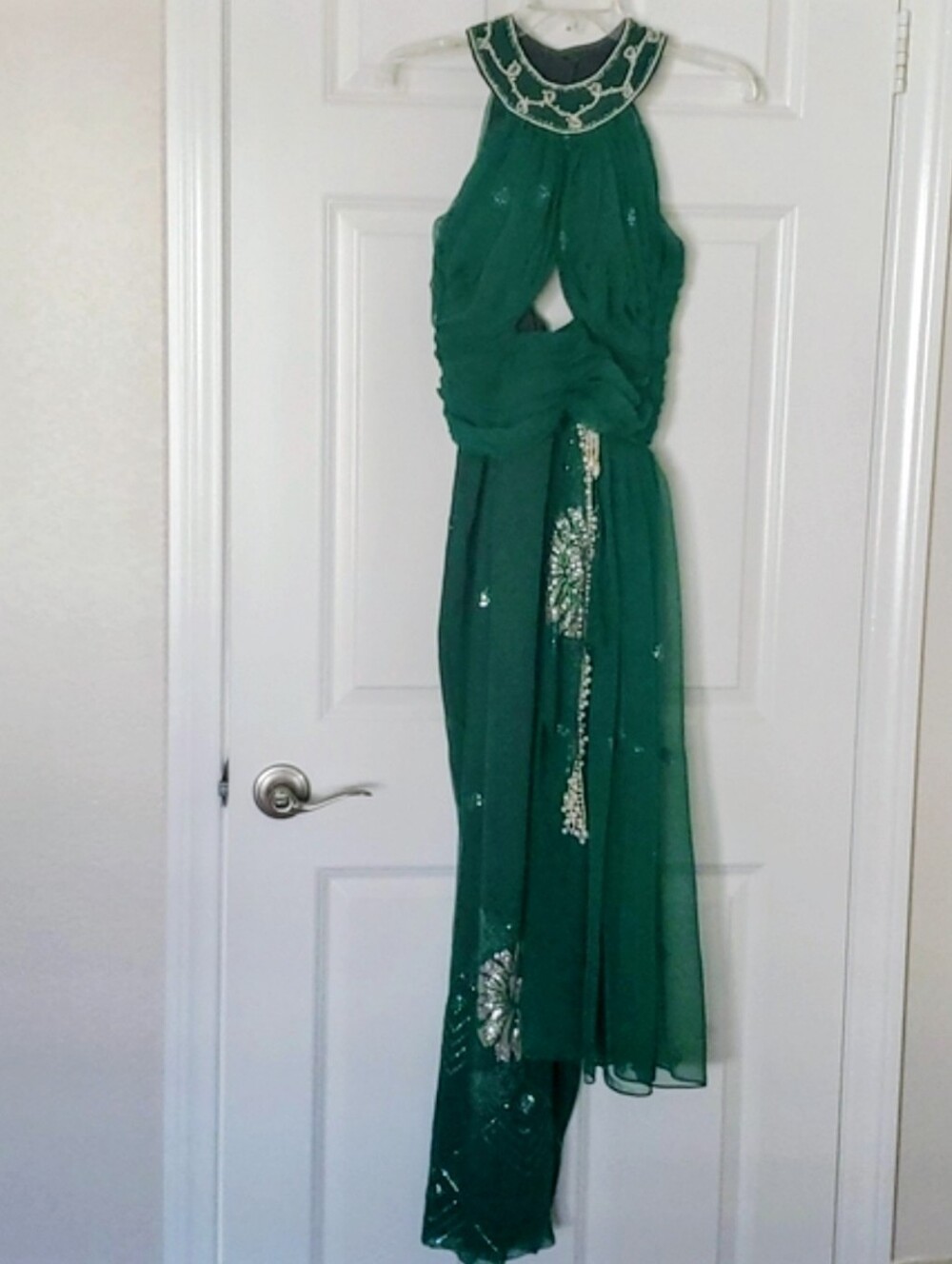 Vintage Greek Inspired Chiffon Beaded Gown In Emerald Green.